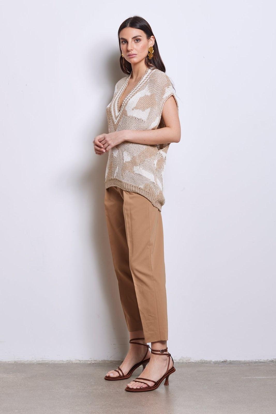 Gilet Donna Akep - Smanicato Jacquard Pattern Camuflage Lurex - Beige - Inà Boutique