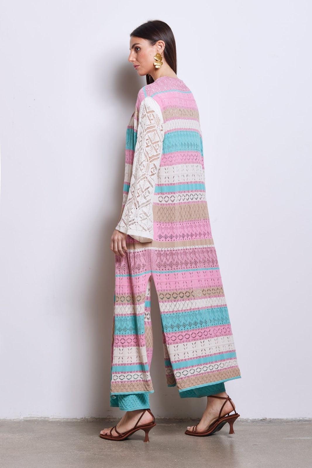 Vestiti casual Donna Akep - Kimono In Punto Pizzo A Righe E Maniche Contrasto - Multicolore - Inà Boutique