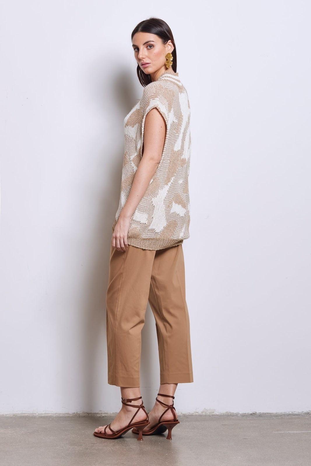Gilet Donna Akep - Smanicato Jacquard Pattern Camuflage Lurex - Beige - Inà Boutique